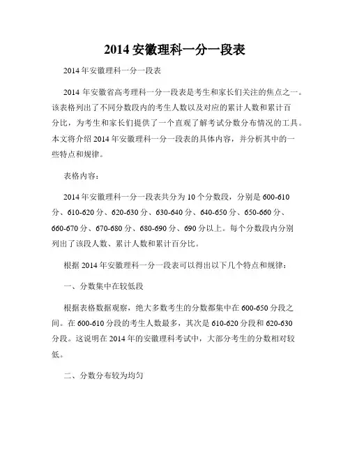 2014安徽理科一分一段表
