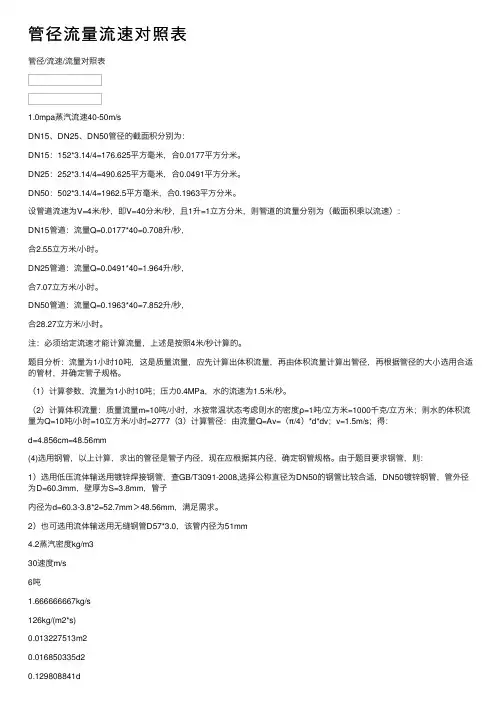 管径流量流速对照表