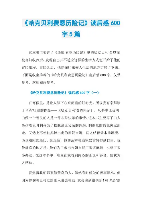 《哈克贝利费恩历险记》读后感600字5篇