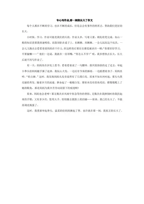 专心写作业,那一刻我长大了作文