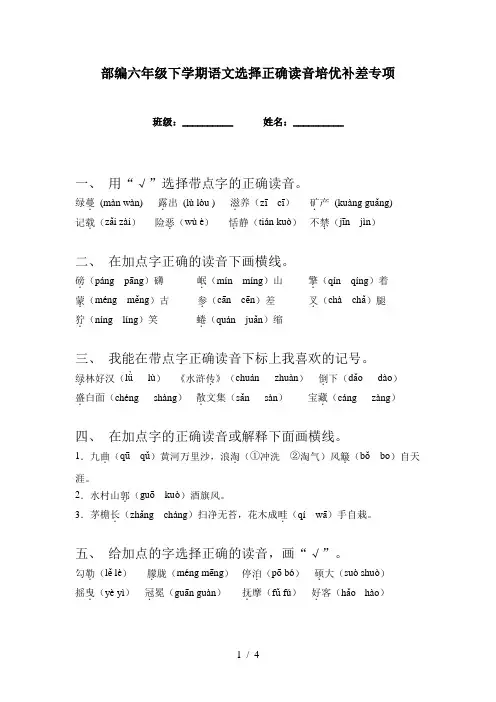 部编六年级下学期语文选择正确读音培优补差专项