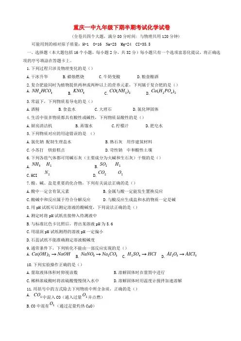 重庆市一中初九年级化学下学期半期考试试题