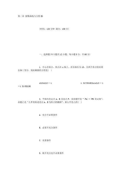 数学选修2-1第二章 圆锤曲线 单元检测(B卷)