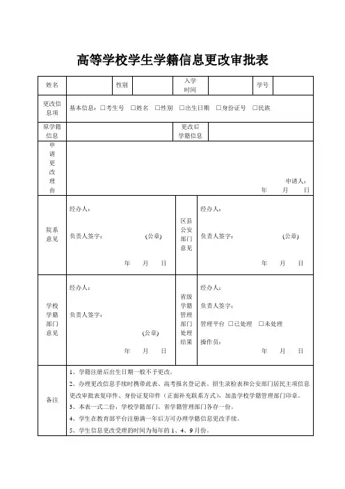 高等学校学生学籍信息更改审批表