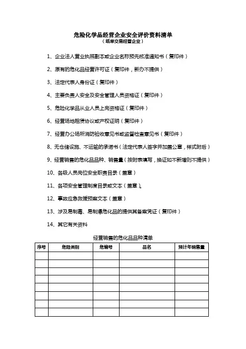 危险化学品经营企业安全评价资料清单