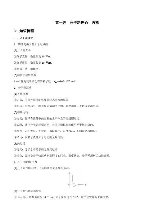 第一讲分子动理论内能(原卷版+解析)