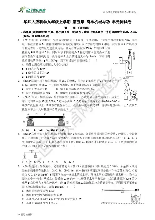 华师大版科学九年级上学期 第五章 简单机械与功 单元测试卷