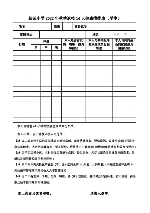 中小学复学返校14天健康摸排表(学生)