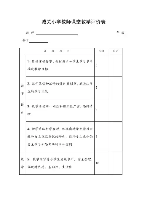 小学教师课堂教学评价表