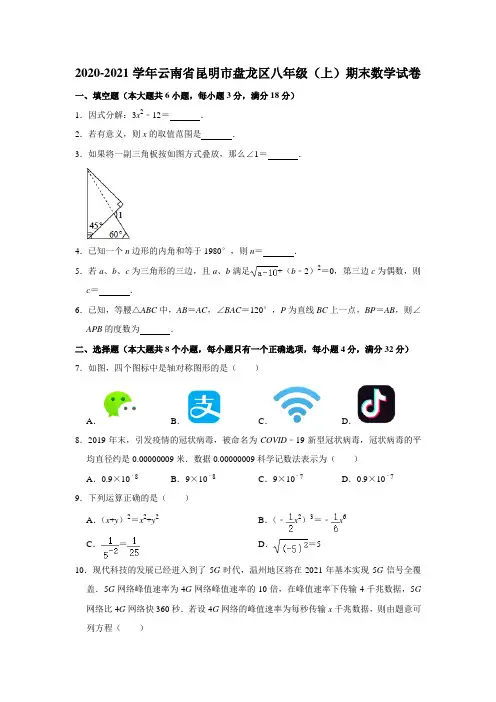 云南省昆明市盘龙区2020-2021学年上学期期末考试八年级数学试卷  解析版