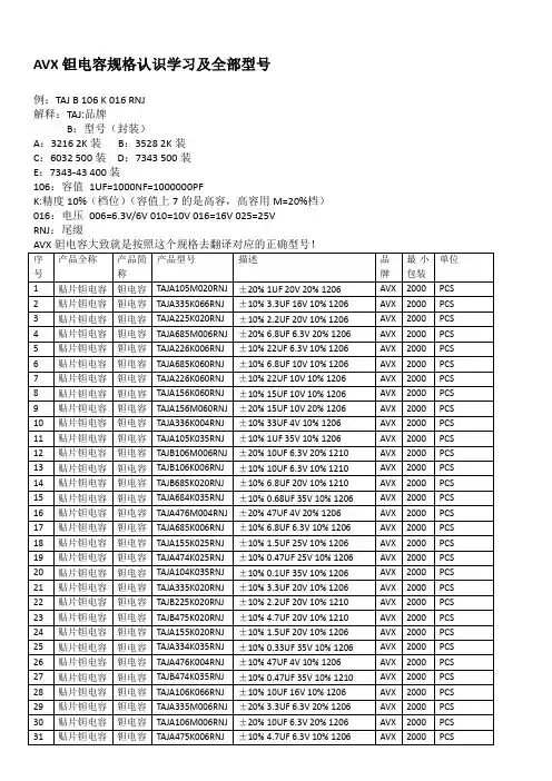 AVX钽电容简单规格认识及全部型