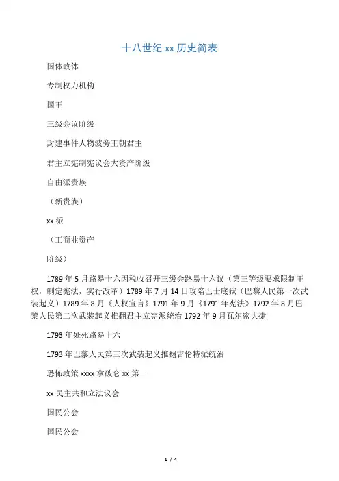 十八世纪法国历史简表