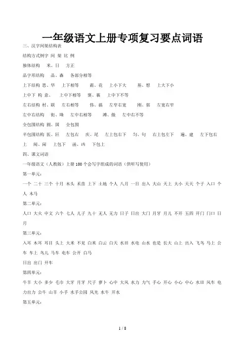 一年级语文上册专项复习要点词语
