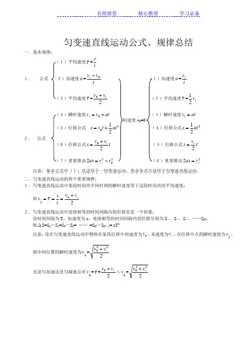 匀变速直线运动公式规律总结