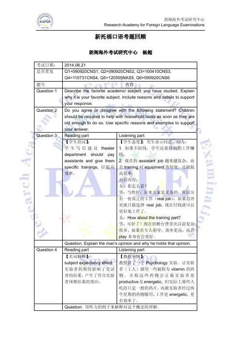 20140621托福考试口语考题回顾