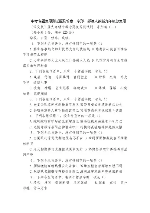 中考专题复习测试题及答案：字形  部编人教版九年级总复习