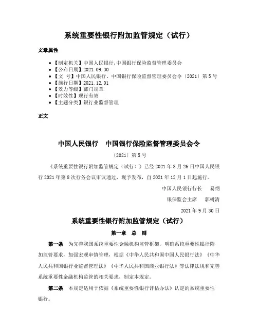 系统重要性银行附加监管规定（试行）