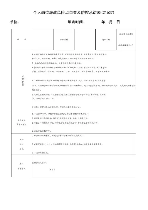 个人岗位廉政风险点自查及防控承诺表(21637)