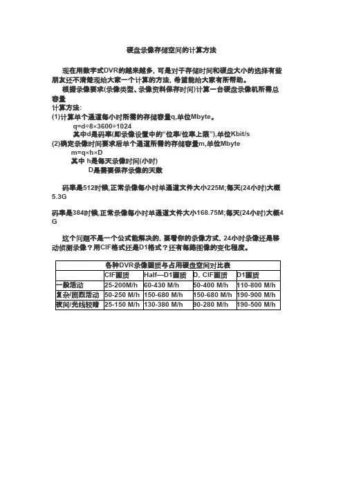 硬盘录像存储空间的计算方法