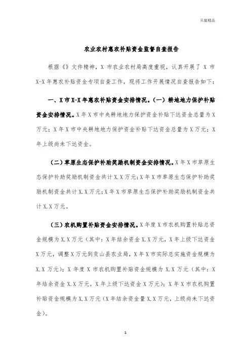农业农村惠农补贴资金监督自查报告
