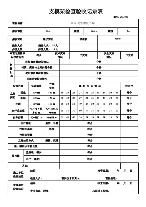模板工程施工验收验收相关表格