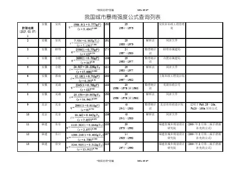 我国城市暴雨强度公式查询表之欧阳光明创编
