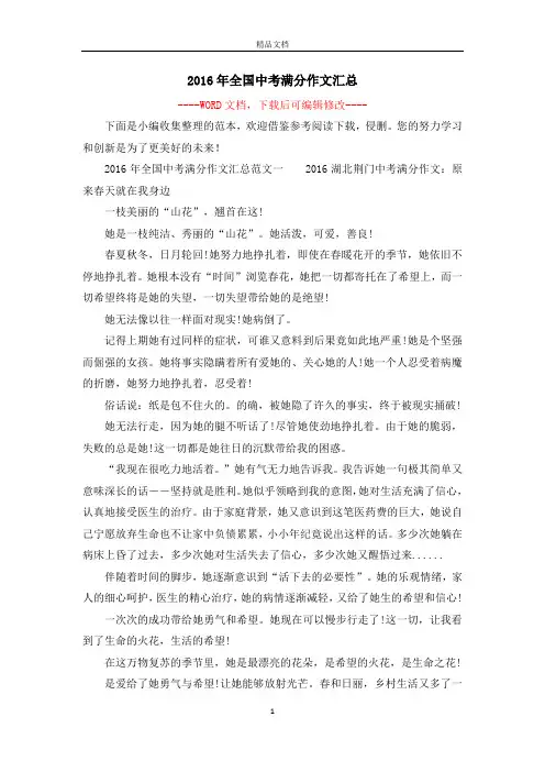 2016年全国中考满分作文汇总