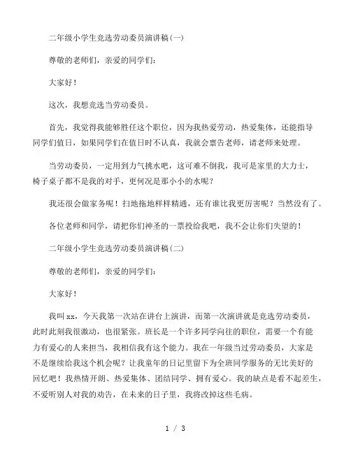 二年级小学生竞选劳动委员演讲稿