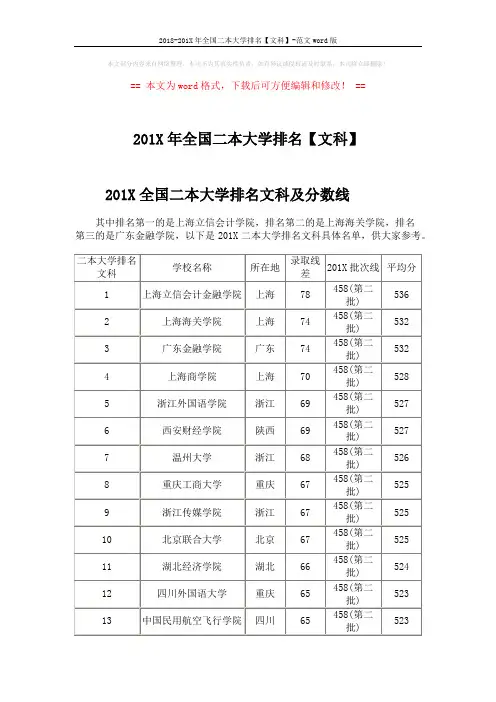2018-201X年全国二本大学排名【文科】-范文word版 (21页)