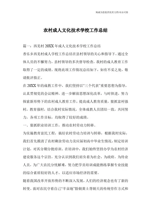 农村成人文化技术学校工作总结