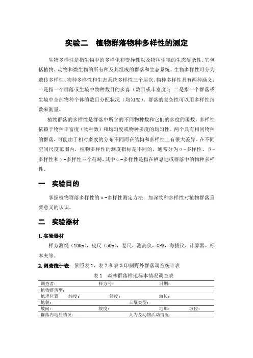 实验二 植物群落物种多样性的测定
