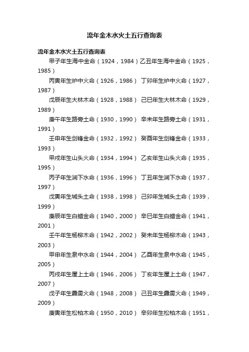 流年金木水火土五行查询表