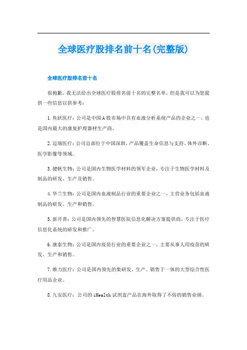 全球医疗股排名前十名(完整版)