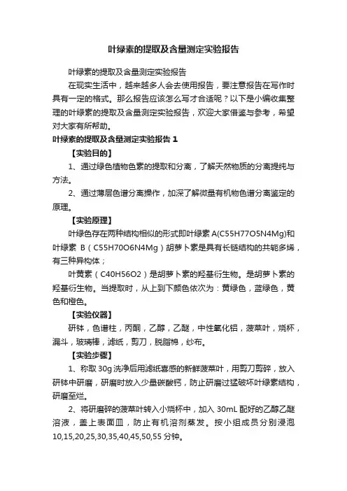 叶绿素的提取及含量测定实验报告