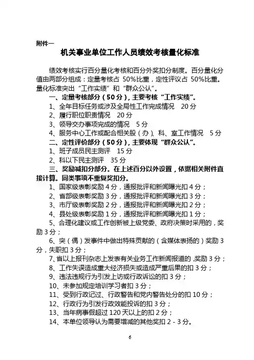 机关事业单位工作人员绩效考核量化标准