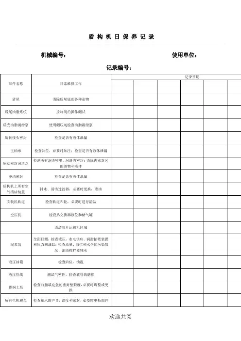 盾构机日、周、月维保表和检查的工作