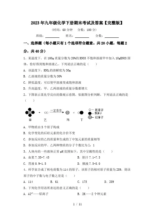2023年九年级化学下册期末考试及答案【完整版】