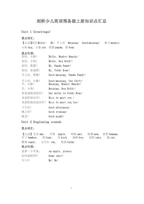 剑桥少儿英语预备级上知识点汇