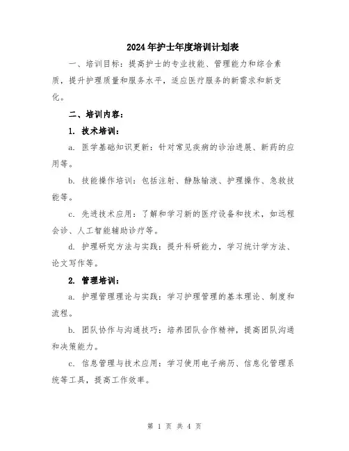 2024年护士年度培训计划表