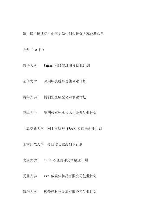 第一届挑战杯中国大学生创业计划大赛获奖名单