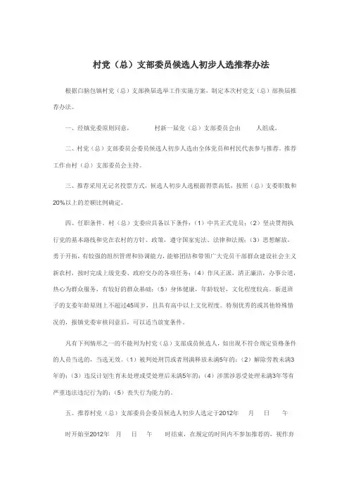 村党支部委员候选人初步人选推荐办法