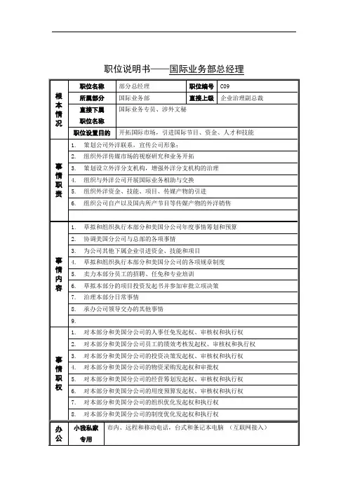 岗位说明书——国际业务部总经理