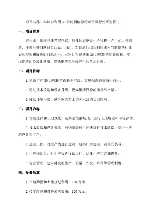 年综合利用30万吨钢渣微粉项目可行性研究报告完整立项报告