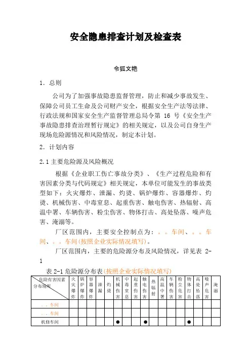 安全隐患排查计划及检查表之令狐文艳创作
