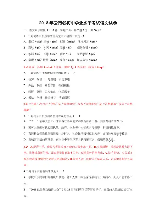 云南省初中中考语文试题(Word版真题试卷,含答案)