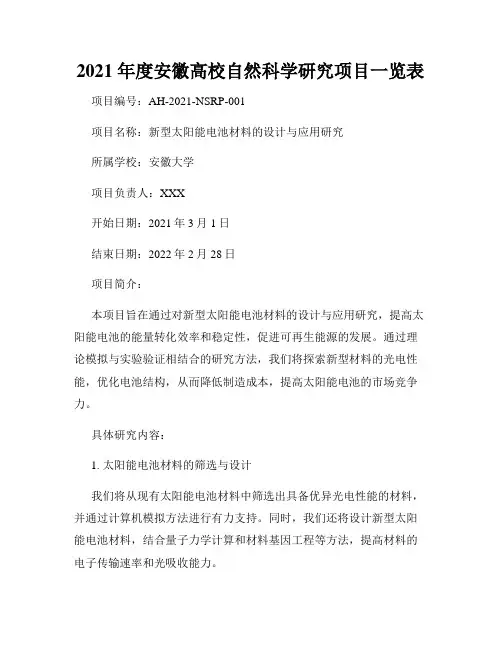 2021 年度安徽高校自然科学研究项目一览表