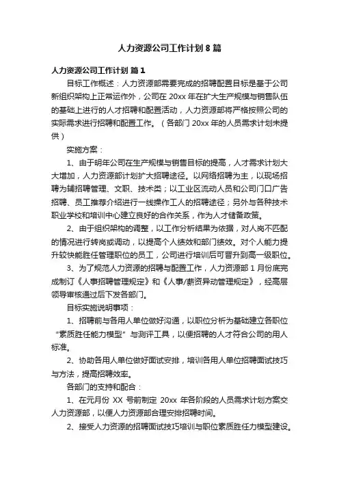 人力资源公司工作计划8篇