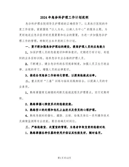 2024年急诊科护理工作计划范例（五篇）