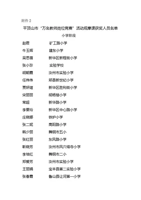 平顶山市“万名教师岗位竞赛”活动观摩课获奖人员名单