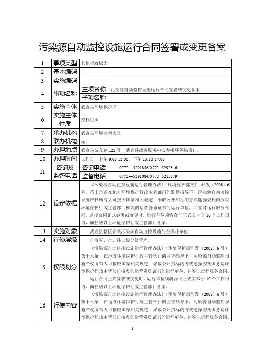污染源自动监控设施运行合同签署或变更备案